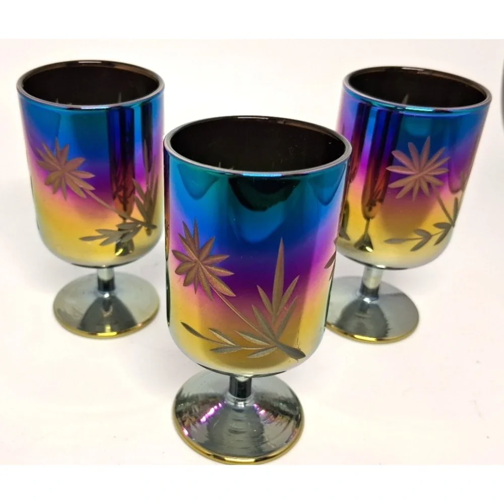Beautiful Shot glasses or Liqueur 3 Carnival Iridescent Glass Bohemian Cut Style